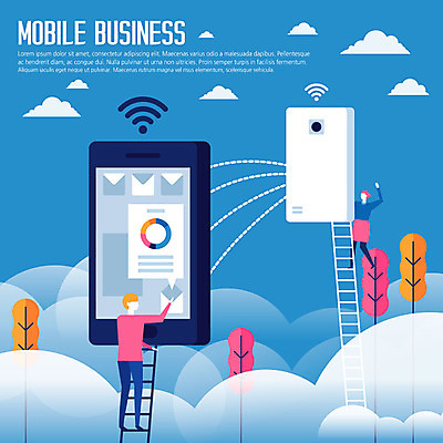 전신 나무 구름 문자 커플 여자 남자 일러스트 비즈니스 사다리 모바일 그래프 사람 성인 두명 파란색 스마트폰 스마트 문서 와이파이 국내일러스트 AI파일 자연요소 식물 컬러 컨셉 관계 핸드폰 스마트기기 도구 무선인터넷 파일형식 벡터