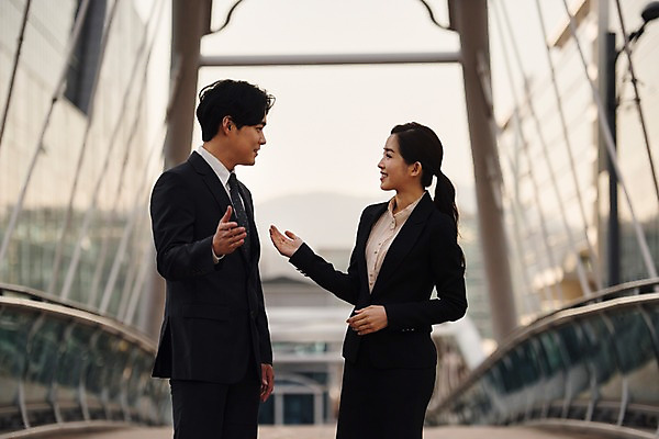 포토 JPG 주간 응시 여자 남자 비즈니스 직장 대화 미소 사람 정장 손짓 상반신 20대 성인 야외 두명 일상 옆모습 마주보기 한국인 직장인 비즈니스맨 비즈니스우먼 상사 동료 육교 성인만 판교 국내포토 자연요소 직업 시선 옷 뷰포인트 회사 관계 모션 표정 말하기 동양인 청년 라이프 다리_건축물 분당 파일형식