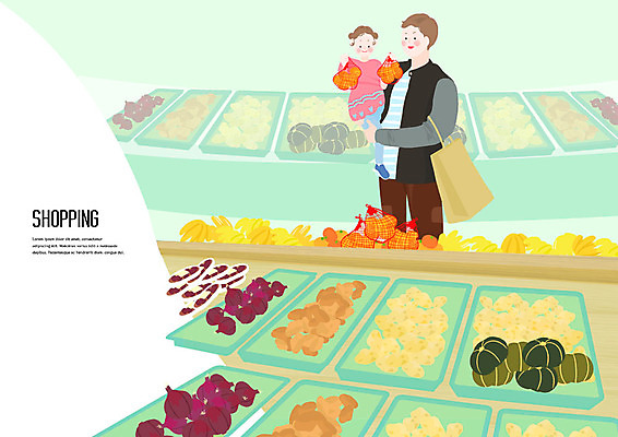 전신 PSD 여자 남자 딸 어린이 과일 일러스트 안기 호박 양파 귤 감자 바나나 사람 상반신 성인 두명 초록색 쇼핑 장보기 컬러풀 쇼핑백 아빠 즐거움 고구마 채소가게 부녀 국내일러스트 감정 컬러 채소 가방 가족 모션 뿌리채소 상점 파일형식