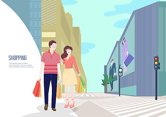 전신 PSD 커플 여자 남자 도로 일러스트 거리 사람 성인 두명 건물 파란색 쇼핑 쇼핑백 횡단보도 신호등 쇼핑몰 즐거움 백화점 스토어 국내일러스트 건축물 감정 길 컬러 가방 관계 교통시설 상점 보행로 파일형식