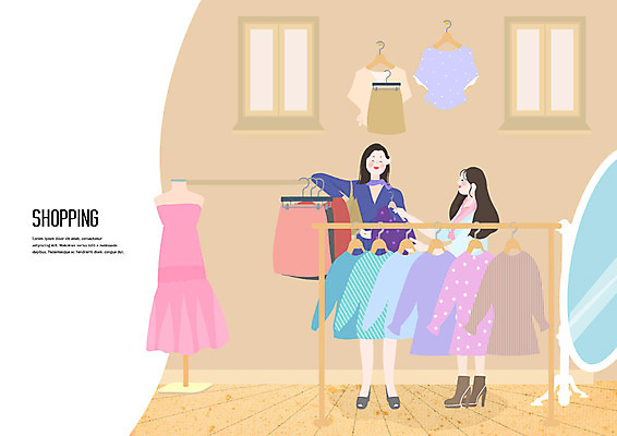 전신 PSD 옷 원피스 여자 일러스트 창문 사람 성인 두명 친구 쇼핑 치마 노란색 거울 옷걸이 마네킹 즐거움 옷가게 전신거울 성인여자만 국내일러스트 감정 컬러 관계 하의 상점 여자만 성인만 파일형식