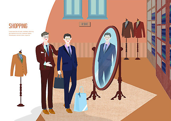 전신 PSD 남자 일러스트 줄자 사람 정장 성인 두명 쇼핑 쇼핑백 갈색 거울 옷걸이 직원 즐거움 만족 진열장 치수재기 성인남자만 국내일러스트 옷 감정 컬러 가방 자 남자만 성인만 파일형식