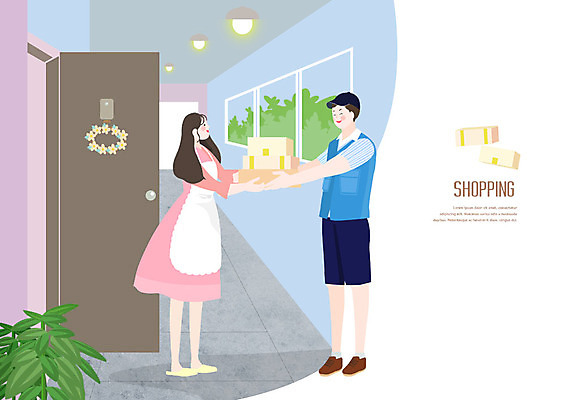 전신 PSD 나무 여자 남자 분홍색 일러스트 사람 성인 두명 파란색 쇼핑 복도 택배기사 종이상자 배송 즐거움 택배 현관문 주기 택배상자 편리함 국내일러스트 식물 감정 컬러 컨셉 모션 상자 문 운송업 배달원 파일형식