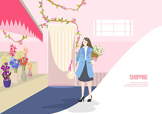 전신 PSD 여자 꽃 화분 분홍색 꽃다발 일러스트 한명 사람 성인 쇼핑 장미 커튼 트렌치코트 꽃집 즐거움 진열장 성인여자한명만 국내일러스트 식물 1 감정 컬러 상점 코트 여자한명만 성인여자만 파일형식