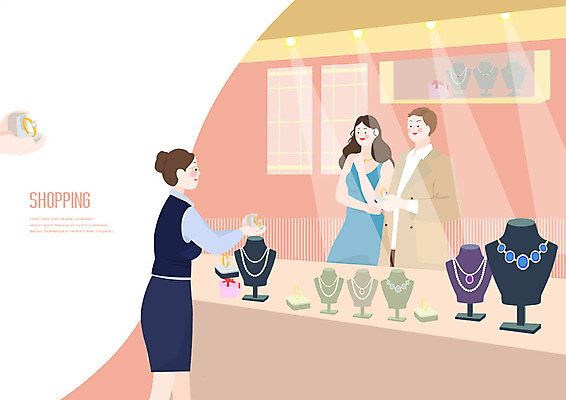 PSD 커플 여자 남자 일러스트 목걸이 조명 선물 사람 상반신 성인 세명 쇼핑 주황색 반지 보석 직원 즐거움 진열장 반지케이스 쥬얼리샵 국내일러스트 감정 컬러 장신구 관계 상점 광석 보관함 파일형식