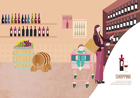 전신 PSD 여자 남자 와인잔 일러스트 포도 엄마 사람 성인 두명 쇼핑 와인 쇼핑카 아기 샴페인 와인병 즐거움 진열장 드럼통 와인통 포도주병 국내일러스트 감정 술잔 과일 가족 병_용기 주류 카트 병_담는 파일형식