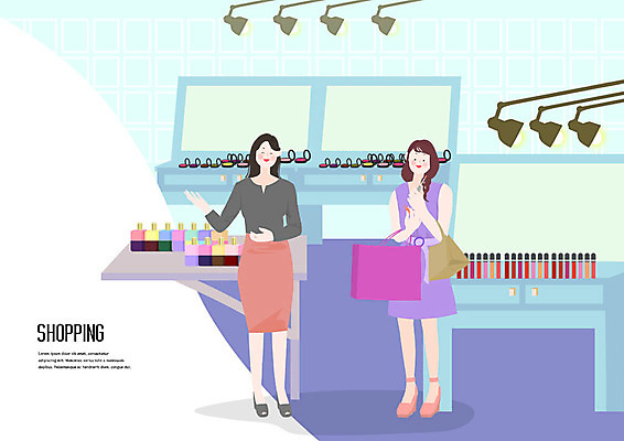 전신 PSD 여자 일러스트 전등 조명 미소 사람 성인 두명 파란색 쇼핑 쇼핑백 화장품 립스틱 향수 직원 즐거움 진열장 화장대 아이섀도 화장품가게 국내일러스트 감정 컬러 가구 가방 표정 뷰티 상점 파일형식