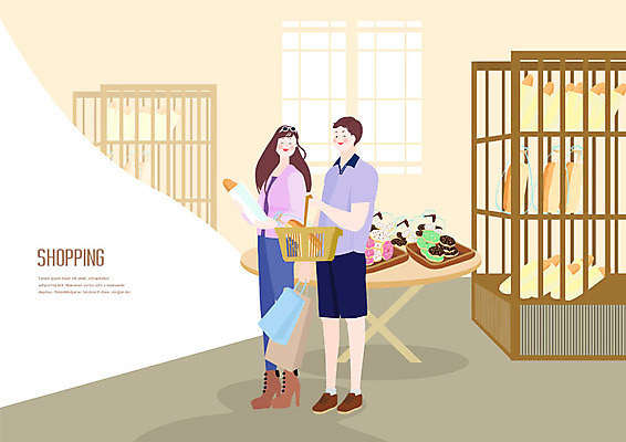 전신 PSD 부부 커플 여자 남자 일러스트 탁자 쟁반 미소 사람 성인 두명 쇼핑 쇼핑백 노란색 빵집 도넛 바게트 식빵 즐거움 진열장 국내일러스트 감정 빵 컬러 가구 가방 관계 디저트 표정 상점 파일형식