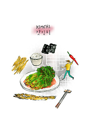전신 PSD 남자 한식 음식 일러스트 젓가락 고추 붓터치 김치 수채화 한국 한명 들기 사람 성인 전통음식 김 쌀밥 갓김치 북어포 국내일러스트 1 전통 아시아 채소 모션 밥 수저 해조류 파일형식 어포