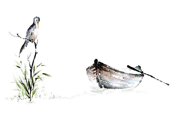 PSD 한마리 일러스트 캘리그라피 조류 붓터치 사람없음 강 학 나룻배 노 번짐 선박 국내일러스트 동물 1 수상교통 배_교통 파일형식 효과