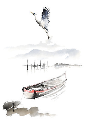 PSD 한마리 줄 일러스트 캘리그라피 조류 붓터치 풍경 사람없음 강 학 나룻배 번짐 선박 국내일러스트 동물 1 수상교통 배_교통 파일형식 효과