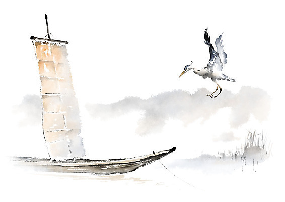 PSD 한마리 일러스트 캘리그라피 조류 붓터치 사람없음 강 학 비행 강가 나룻배 번짐 선박 국내일러스트 동물 1 수상교통 배_교통 파일형식 효과