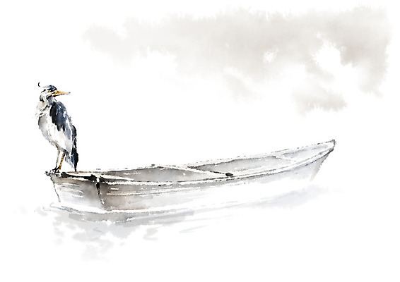 PSD 한마리 일러스트 캘리그라피 조류 붓터치 사람없음 강 학 나룻배 번짐 선박 국내일러스트 동물 1 수상교통 배_교통 파일형식 효과