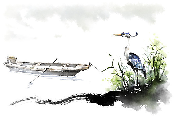 PSD 한마리 응시 일러스트 캘리그라피 조류 붓터치 사람없음 강 학 강가 나룻배 번짐 풀숲 선박 국내일러스트 동물 1 시선 수상교통 배_교통 숲 파일형식 효과