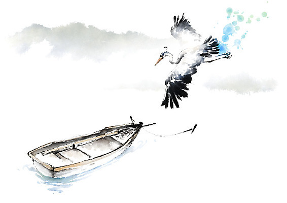 PSD 한마리 일러스트 캘리그라피 조류 붓터치 사람없음 강 학 비행 나룻배 번짐 선박 국내일러스트 동물 1 수상교통 배_교통 파일형식 효과