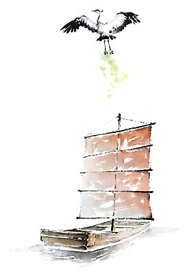 PSD 한마리 일러스트 캘리그라피 조류 하늘 붓터치 사람없음 강 학 비행 나룻배 번짐 선박 국내일러스트 동물 1 수상교통 배_교통 파일형식 효과