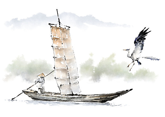 전신 PSD 한마리 남자 일러스트 캘리그라피 조류 붓터치 한명 사람 성인 강 학 나룻배 뱃사공 번짐 선박 국내일러스트 동물 1 수상교통 배_교통 파일형식 효과