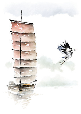 PSD 한마리 호수 일러스트 캘리그라피 조류 하늘 붓터치 사람없음 강 학 비행 나룻배 번짐 선박 국내일러스트 동물 1 수상교통 배_교통 파일형식 효과