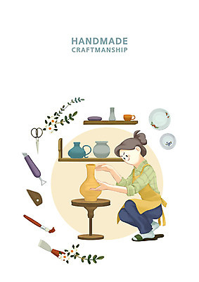 전신 PSD 그릇 접시 여자 일러스트 슬리퍼 한명 사람 성인 갈색 앞치마 청바지 붓 작업 도자기 도자기공예 집중 장인 도예가 장인정신 핸드메이드 황토 성인여자한명만 국내일러스트 직업 1 식기 컬러 신발 컨셉 바지 흙 공예 여자한명만 성인여자만 파일형식