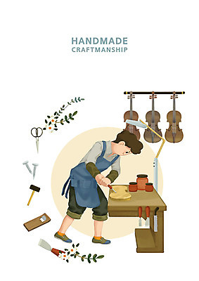 전신 PSD 남자 악기 일러스트 가위 한명 사람 청년 성인 갈색 앞치마 공구 못 망치 공예 바이올린 목공예 장인 장인정신 팔토시 핸드메이드 성인남자한명만 국내일러스트 1 음악 컬러 현악기 문구용품 취미 도구 토시 남자한명만 성인남자만 파일형식