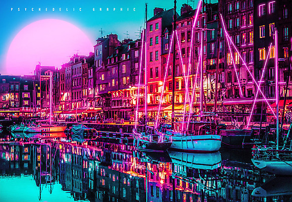 PSD 편집이미지 해외풍경 주택 풍경 사람없음 건물 여름 빛 컬러풀 항구 일몰 여름풍경 화려 보트 모던 네온 네온아트 이미지편집 해외 건축물 계절 컬러 컨셉 배_교통 교통시설 노을 파일형식 여름_계절