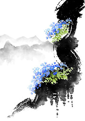 PSD 꽃 일러스트 캘리그라피 자연 붓터치 산 흑백 풍경 사람없음 파란색 검은색 봄 절벽 번짐 국내일러스트 식물 계절 컬러 촬영기법 생태계 파일형식 효과