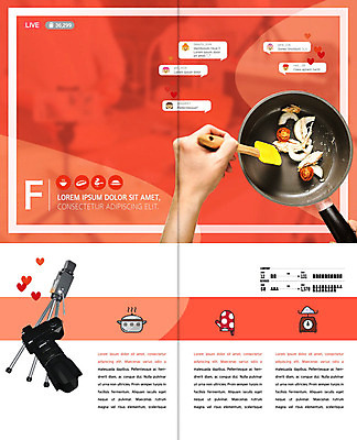 PSD 템플릿 표지디자인 북디자인 손 출판디자인 내지 음식 리플렛 2단접지 북커버 저울 요리 팜플렛 신체부위 빨간색 카메라 촬영 프라이팬 냄비 방송 영상 동영상 주방장갑 라이브 방송장비 1인미디어 이미지템플릿 컬러 장갑 주방용품 사람 전자제품 장비 솥 파일형식