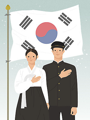 학생 여자 남자 교복 일러스트 청소년 상반신 두명 역사 태극기 한복 삼일절 국경일 애국심 국기게양 국기에대한경례 독립 독립운동 국내일러스트 AI파일 한국전통 옷 기념일 사람 공휴일 국기 전통의상 경례 파일형식 벡터