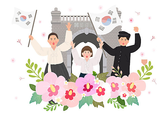 학생 여자 남자 교복 일러스트 소녀 세명 역사 태극기 한복 삼일절 국경일 무궁화 애국심 시위 독립 독립문 독립운동 유관순 국내일러스트 AI파일 한국전통 옷 기념일 꽃 어린이 사람 공휴일 국기 전통의상 독립운동가 파일형식 벡터