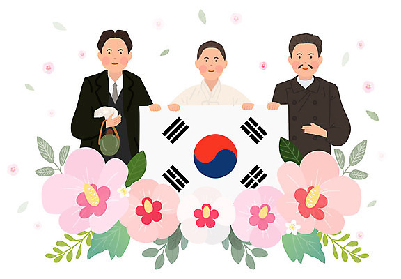 학생 여자 남자 잎 일러스트 소녀 세명 역사 태극기 삼일절 국경일 무궁화 애국심 시위 독립 독립운동 안중근 유관순 윤봉길 대한민국임시정부수립기념일 국내일러스트 AI파일 식물 기념일 꽃 어린이 사람 공휴일 국기 위인 독립운동가 파일형식 벡터 법정기념일