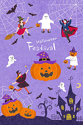 전신 PSD 여자 남자 문화 어린이 일러스트 놀이 문화예술 사람 이벤트 여러명 성인 분장 보라색 축제 할로윈 성 유령 초승달 거미줄 즐거움 마녀 공포 박쥐 드라큘라 잭오랜턴 지역축제 대한민국축제 국내일러스트 건축물 감정 컬러 다수 포유류 달 파일형식