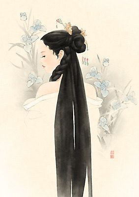 PSD 긴머리 여자 일러스트 캘리그라피 붓터치 한명 사람 상반신 성인 뷰티 노란색 머리카락 검은색 한복 번짐 비녀 머리결 창포 성인여자한명만 국내일러스트 식물 1 한국전통 헤어스타일 컬러 전통소품 머리 전통의상 여자한명만 성인여자만 파일형식 효과 헤어액세사리