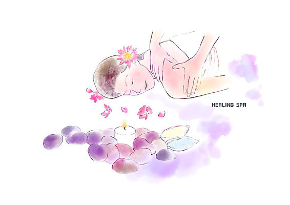 PSD 여자 꽃잎 꽃 엎드리기 분홍색 일본문화 일러스트 촛불 수채화 한명 미소 사람 성인 신체부위 눈감음 스파 양손 마사지 어깨 힐링 성인여자한명만 국내일러스트 식물 1 동양문화 손 컬러 외국문화 초 모션 표정 여자한명만 성인여자만 파일형식