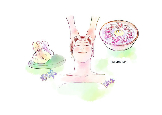 PSD 남자 꽃 얼굴 일본문화 일러스트 촛불 수채화 한명 미소 사람 상반신 성인 신체부위 눕기 머리 스파 양손 마사지 힐링 이마 국내일러스트 식물 1 동양문화 손 외국문화 초 모션 표정 파일형식