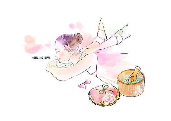 PSD 여자 꽃잎 분홍색 일본문화 일러스트 수채화 사람 상반신 성인 두명 스파 마사지 어깨 힐링 성인여자만 국내일러스트 동양문화 꽃 컬러 외국문화 신체부위 여자만 성인만 파일형식