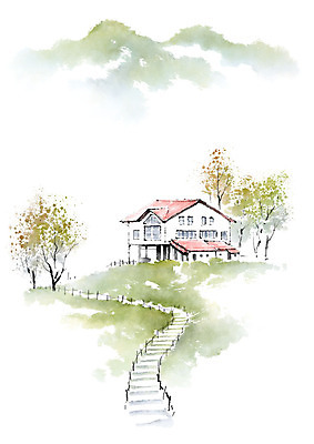 PSD 나무 일러스트 캘리그라피 붓터치 수채화 산 풍경 잔디 사람없음 초록색 계단 언덕 번짐 전원주택 국내일러스트 식물 컬러 주택 파일형식 효과