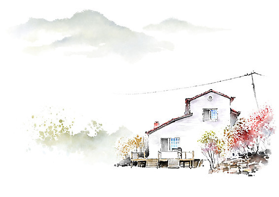 PSD 나무 일러스트 캘리그라피 붓터치 수채화 산 돌담 사람없음 계단 전선 전봇대 번짐 전원주택 야외테라스 국내일러스트 식물 공공시설 주택 담장 발코니 돌_바위 파일형식 효과