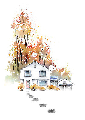 PSD 나무 일러스트 캘리그라피 붓터치 수채화 주택 풍경 사람없음 갈색 번짐 전원주택 국내일러스트 식물 컬러 건물 파일형식 효과