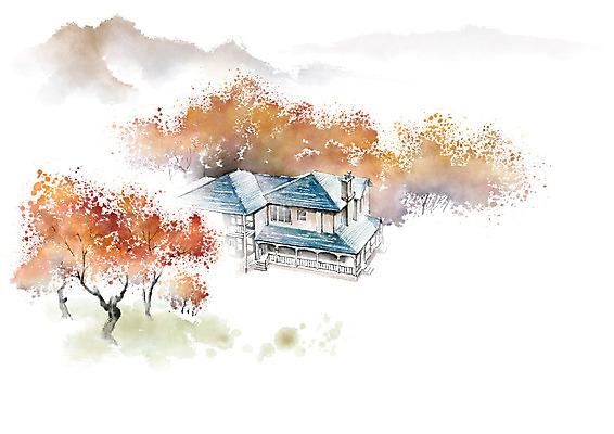 PSD 나무 일러스트 캘리그라피 붓터치 수채화 산 풍경 사람없음 갈색 평화 언덕 번짐 전원주택 국내일러스트 식물 컬러 컨셉 주택 파일형식 효과