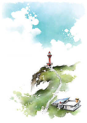 PSD 구름 일러스트 캘리그라피 하늘 붓터치 수채화 등대 잔디 사람없음 초록색 계단 언덕 번짐 전원주택 국내일러스트 자연요소 식물 컬러 주택 파일형식 효과