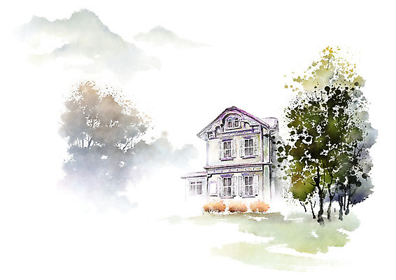 PSD 나무 일러스트 캘리그라피 붓터치 수채화 산 사람없음 초록색 보라색 언덕 번짐 전원주택 국내일러스트 식물 컬러 주택 파일형식 효과