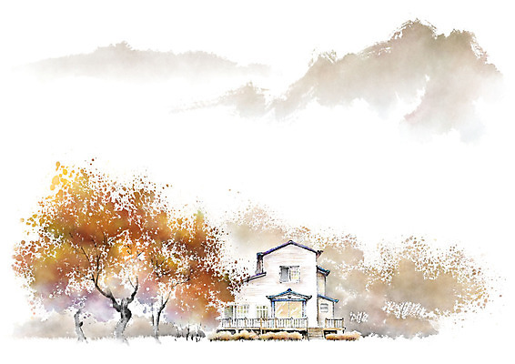 PSD 나무 일러스트 캘리그라피 붓터치 수채화 산 풍경 사람없음 갈색 언덕 번짐 전원주택 국내일러스트 식물 컬러 주택 파일형식 효과