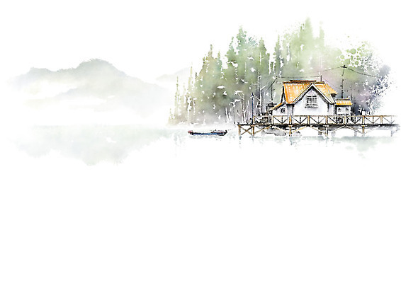 PSD 나무 일러스트 캘리그라피 붓터치 수채화 산 풍경 사람없음 강 전선 나룻배 전봇대 번짐 전원주택 선박 국내일러스트 식물 공공시설 수상교통 배_교통 주택 파일형식 효과