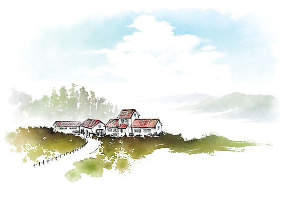 PSD 나무 구름 일러스트 캘리그라피 하늘 붓터치 수채화 산 풍경 사람없음 초록색 울타리 언덕 번짐 전원주택 시골길 국내일러스트 자연요소 식물 길 컬러 주택 담장 파일형식 효과