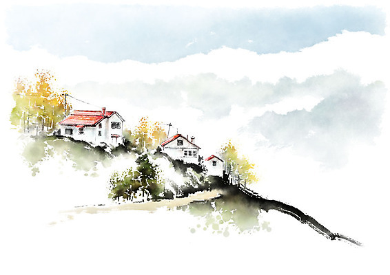 PSD 나무 일러스트 캘리그라피 붓터치 수채화 산 주택 사람없음 언덕 번짐 전원주택 국내일러스트 식물 건물 파일형식 효과
