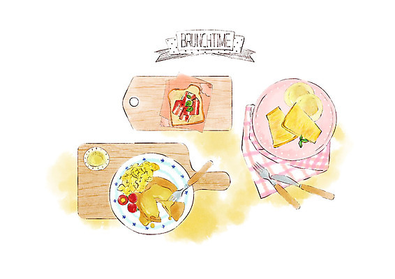 PSD 분홍색 일러스트 수채화 도마 따뜻함 사람없음 노란색 달콤 메뉴 냅킨 브런치 토스트 베이컨 팬케이크 국내일러스트 빵 컬러 주방용품 돼지고기 케이크 식사 맛 파일형식