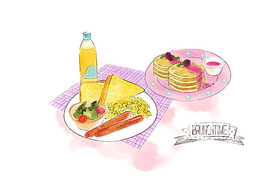 PSD 접시 일러스트 수채화 따뜻함 사람없음 노란색 보라색 주스 소시지 달콤 메뉴 냅킨 블루베리 브런치 토스트 팬케이크 국내일러스트 식기 음료 빵 컬러 과일 케이크 식사 가공식품 맛 파일형식