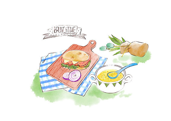 PSD 꽃 일러스트 양파 수채화 도마 따뜻함 샌드위치 사람없음 초록색 파란색 달콤 수프 메뉴 냅킨 브런치 콘스프 햄치즈샌드위치 국내일러스트 식물 음식 컬러 채소 주방용품 식사 맛 파일형식