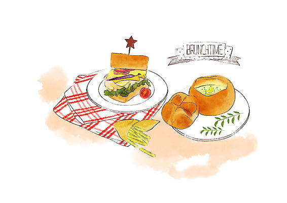 PSD 접시 일러스트 수채화 따뜻함 샌드위치 사람없음 빨간색 노란색 감자튀김 달콤 수프 바게트 메뉴 냅킨 브런치 빵스프 국내일러스트 식기 음식 빵 컬러 감자 식사 튀김 맛 파일형식