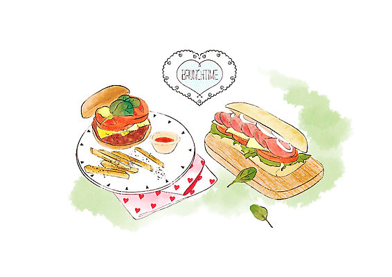 PSD 접시 일러스트 수채화 도마 따뜻함 샌드위치 사람없음 초록색 감자튀김 햄버거 달콤 케첩 메뉴 냅킨 브런치 햄치즈샌드위치 국내일러스트 식기 음식 컬러 주방용품 감자 패스트푸드 식사 튀김 소스_음식 맛 파일형식